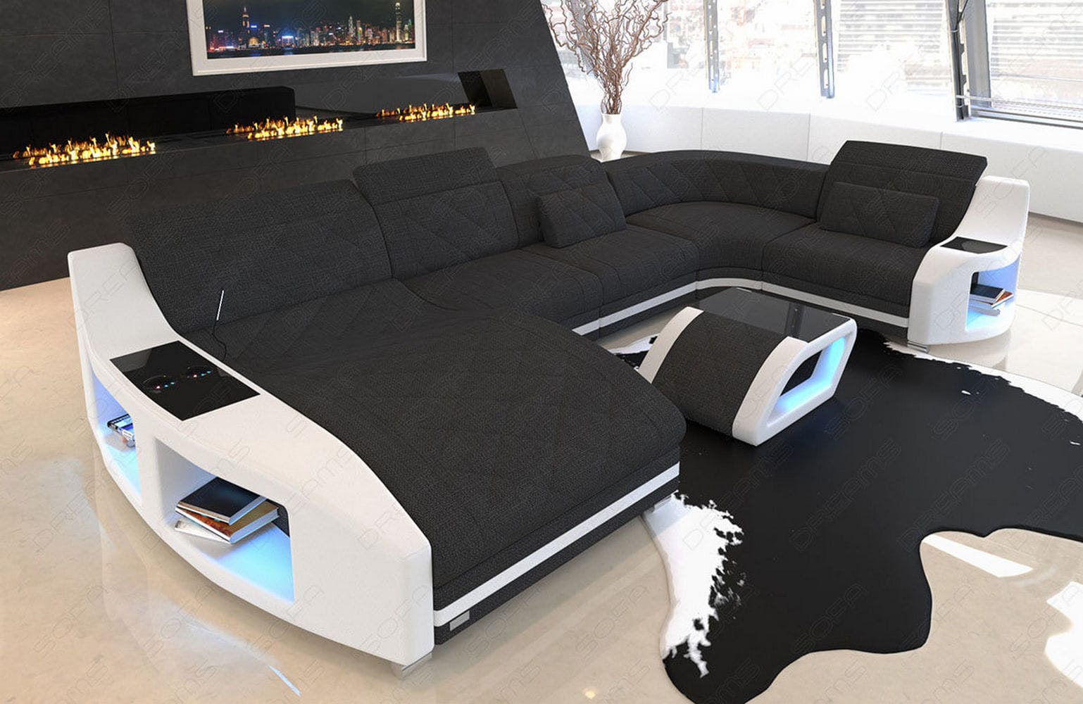 Couchlandschaft Swing U-Form in Stoff Schwarz-Weiß