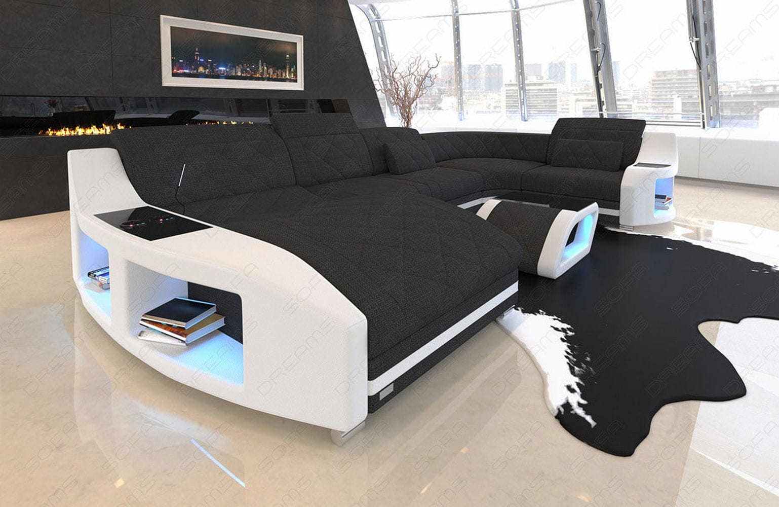 Couchlandschaft Swing U-Form in Stoff Schwarz-Weiß