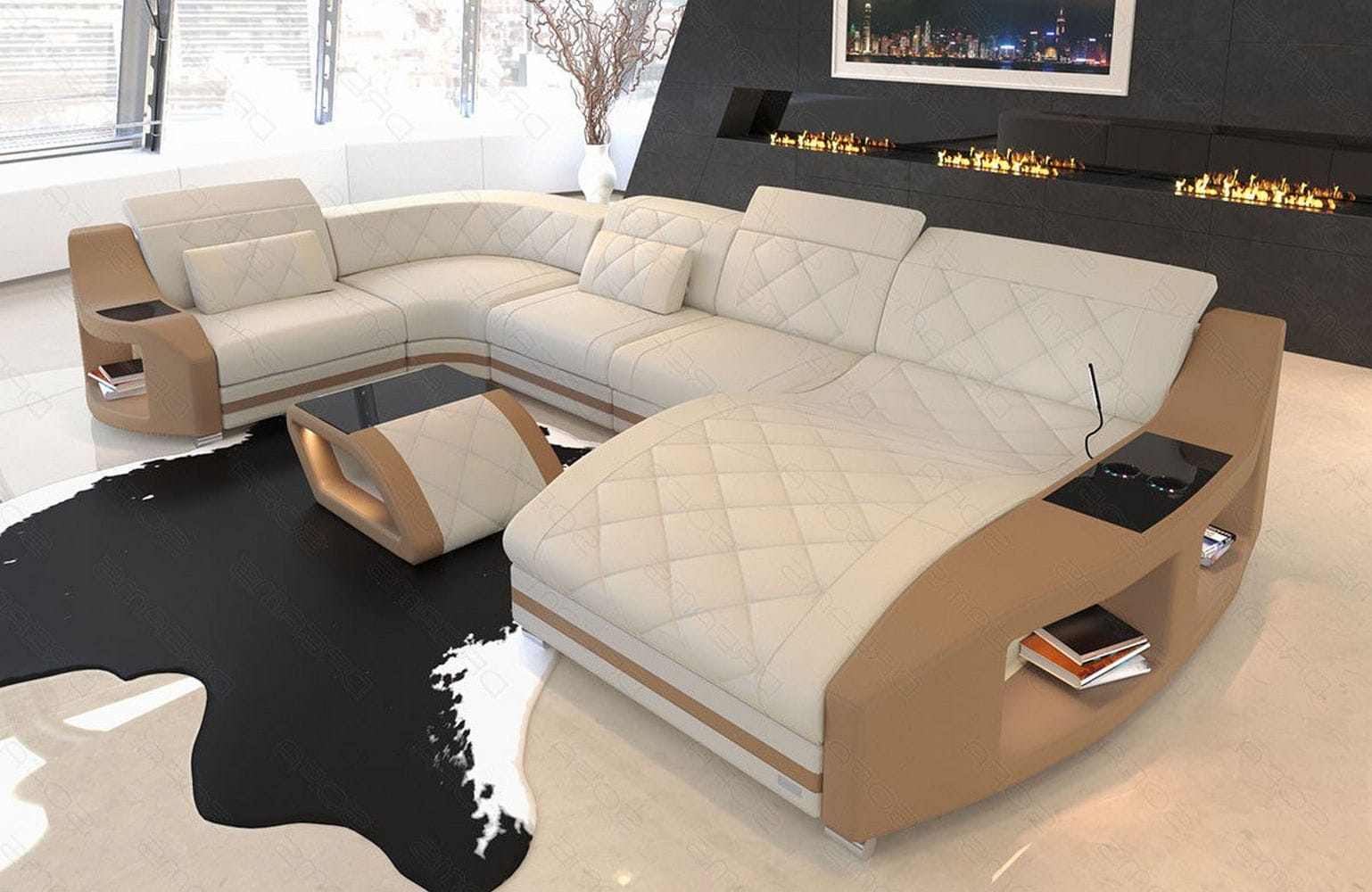 Couchlandschaft Swing U-Form in Stoff Elfenbein-Sandbeige