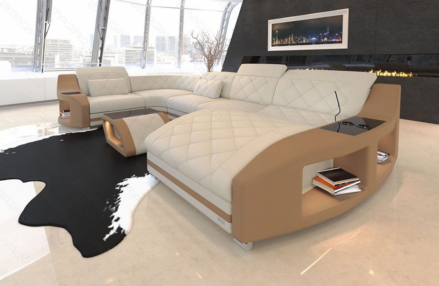 Couchlandschaft Swing U-Form in Stoff Elfenbein-Sandbeige