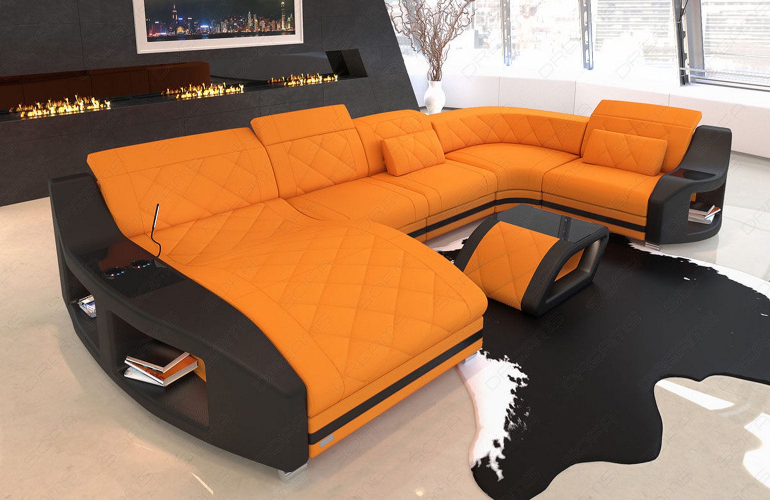 Couchlandschaft Swing U-Form in Stoff Apricot-Schwarz