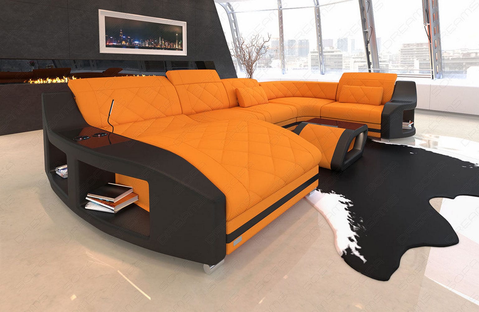 Couchlandschaft Swing U-Form in Stoff Apricot-Schwarz