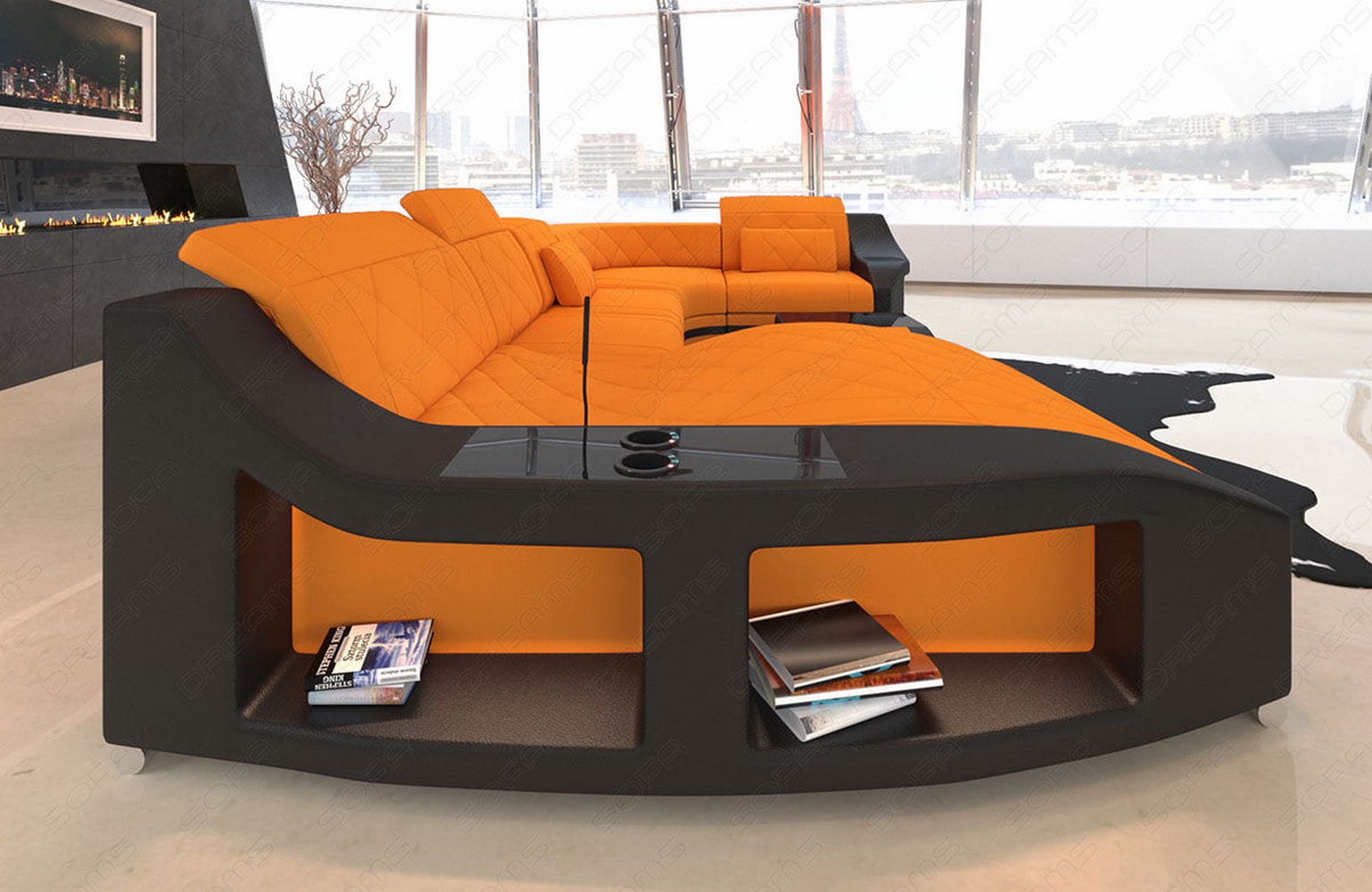 Couchlandschaft Swing U-Form in Stoff Apricot-Schwarz