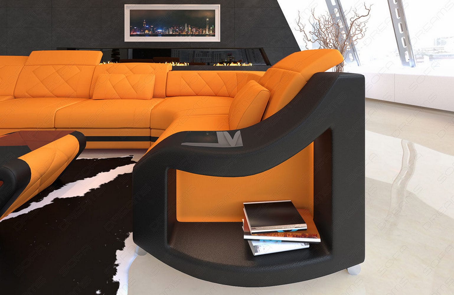 Couchlandschaft Swing U-Form in Stoff Apricot-Schwarz