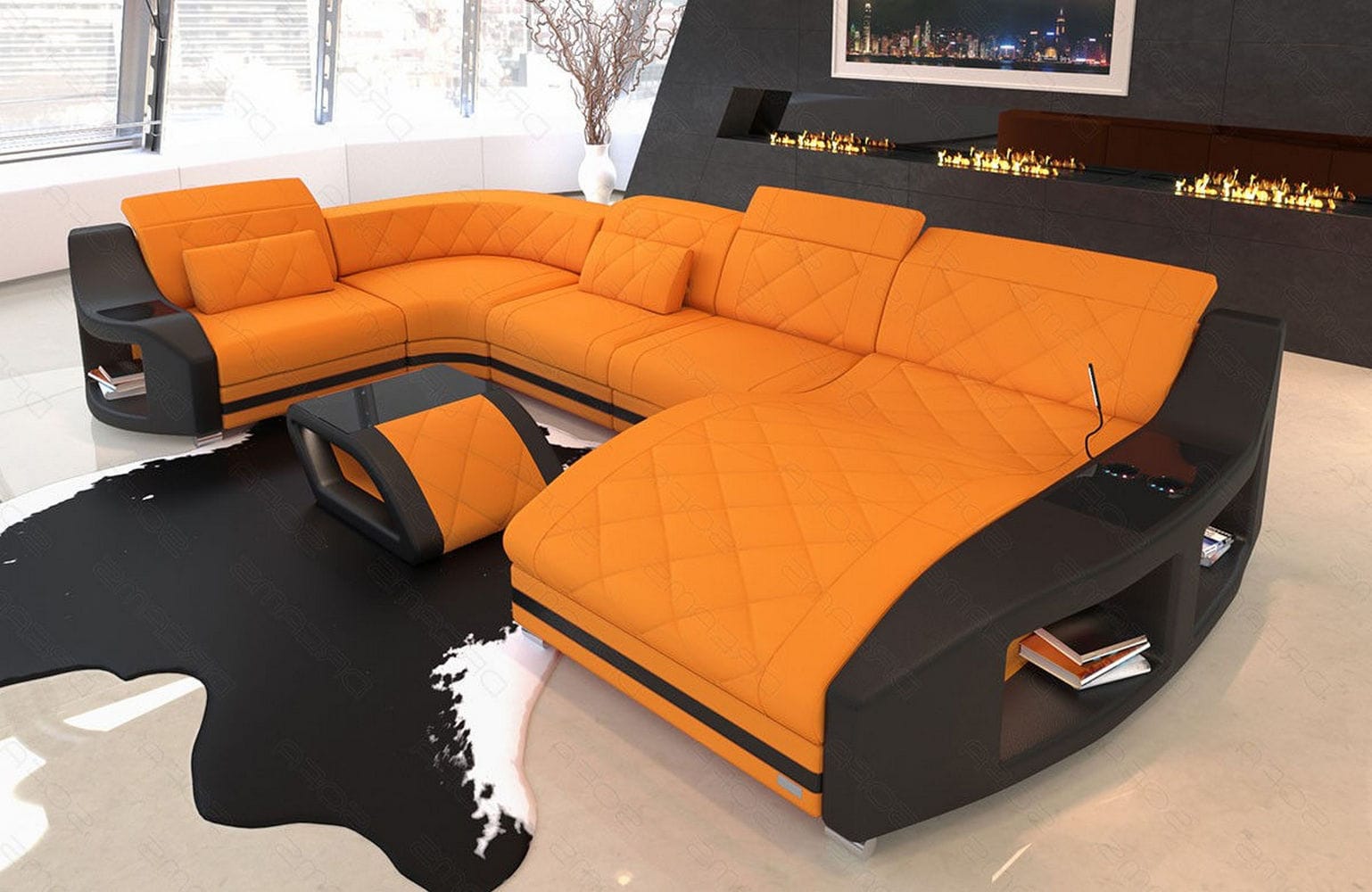 Couchlandschaft Swing U Form in Stoff apricot-schwarz