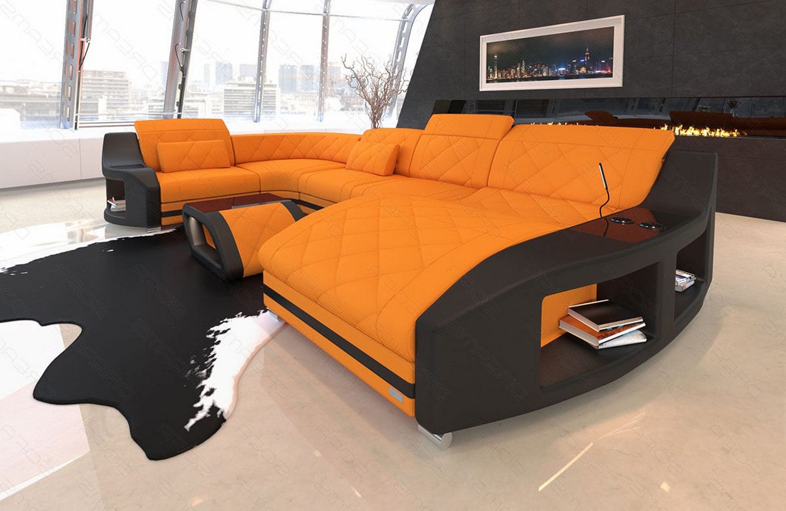 Couchlandschaft Swing U Form in Stoff apricot-schwarz