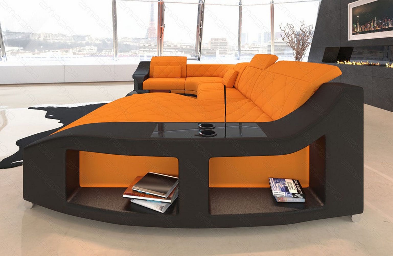 Couchlandschaft Swing U Form in Stoff apricot-schwarz