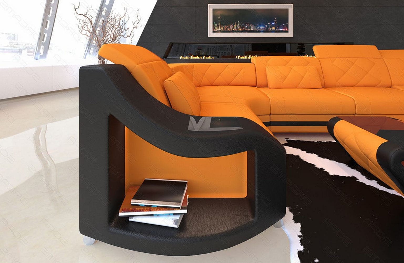 Couchlandschaft Swing U Form in Stoff apricot-schwarz