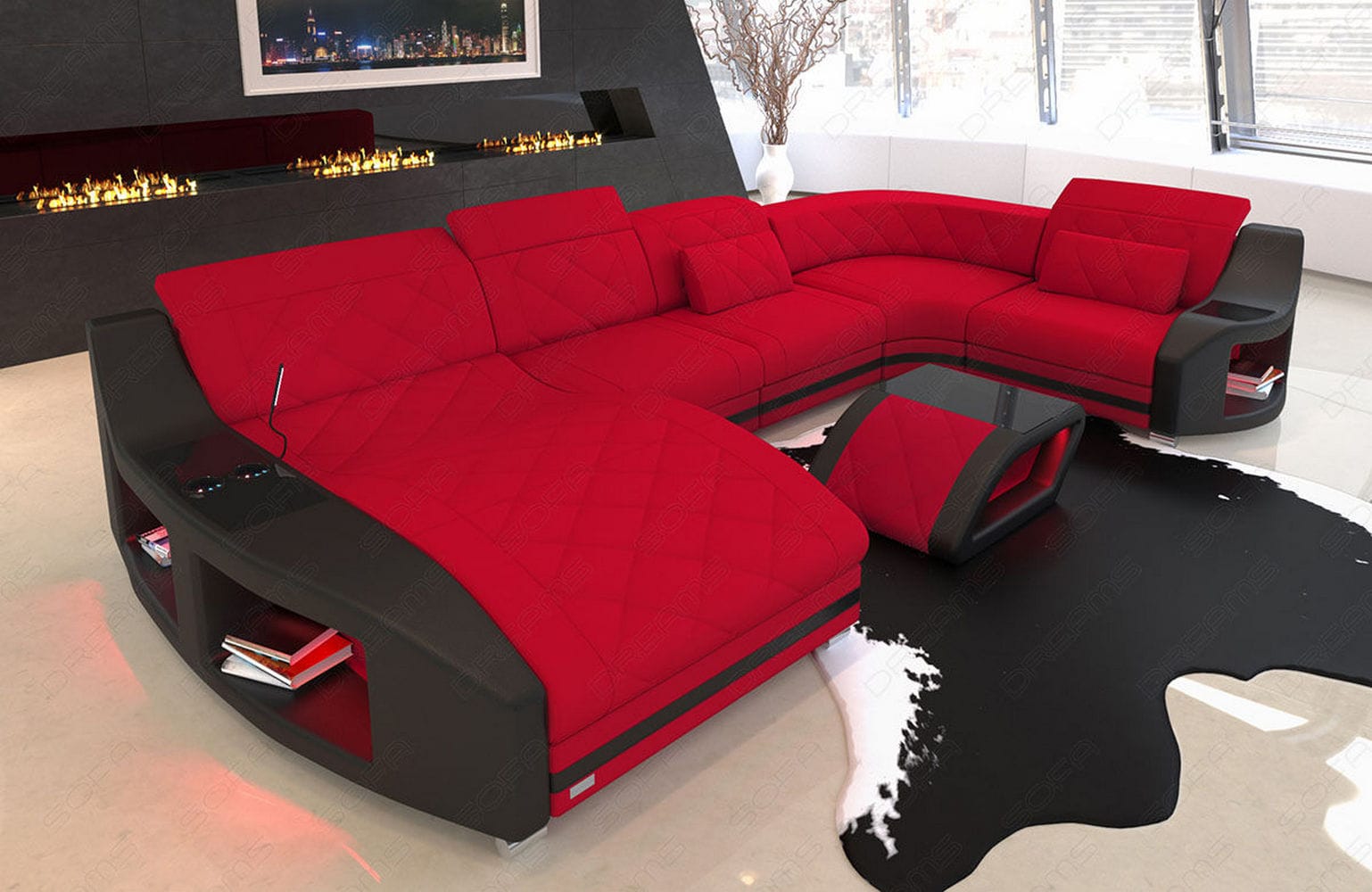 Couchlandschaft Swing U-Form in Stoff Rot-Schwarz