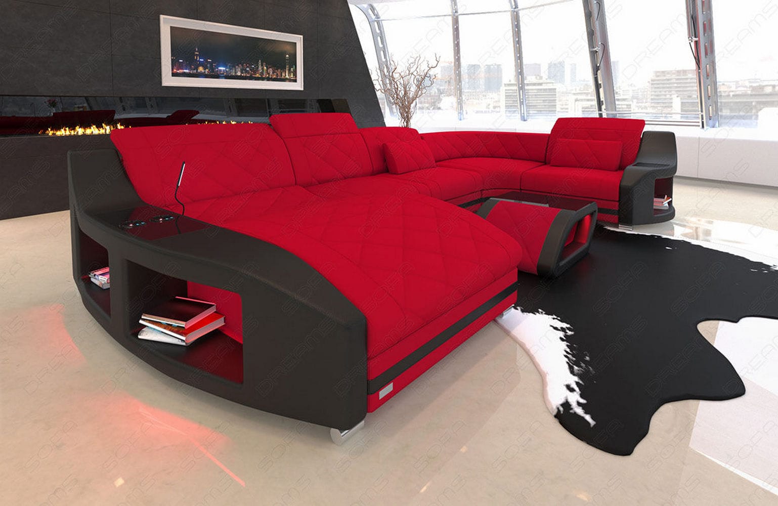 Couchlandschaft Swing U-Form in Stoff Rot-Schwarz