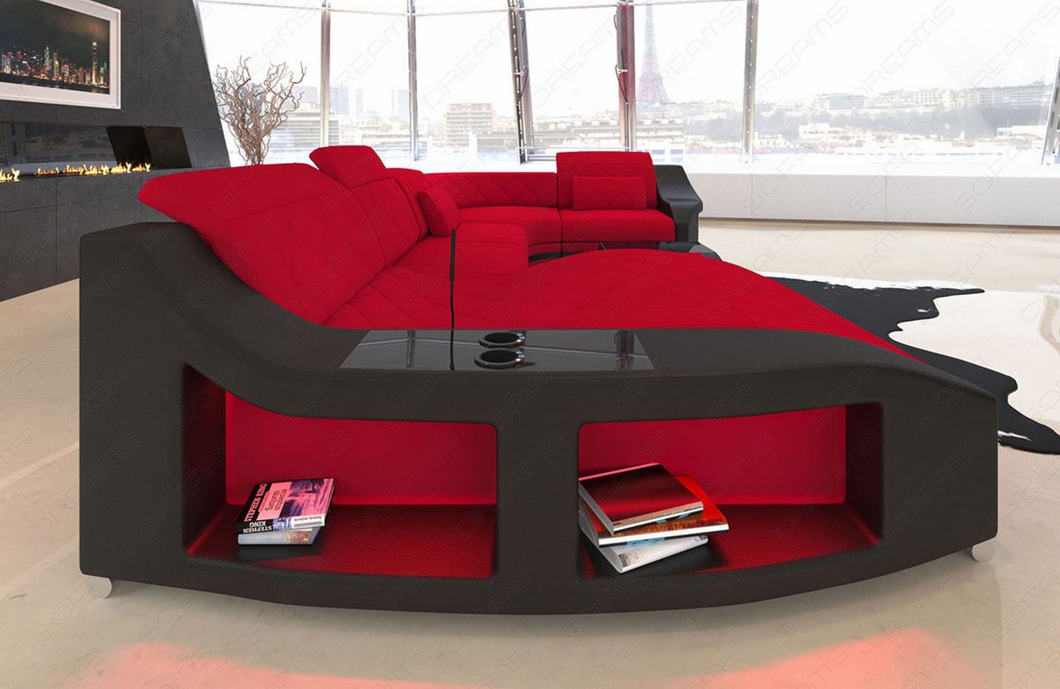 Couchlandschaft Swing U-Form in Stoff Rot-Schwarz