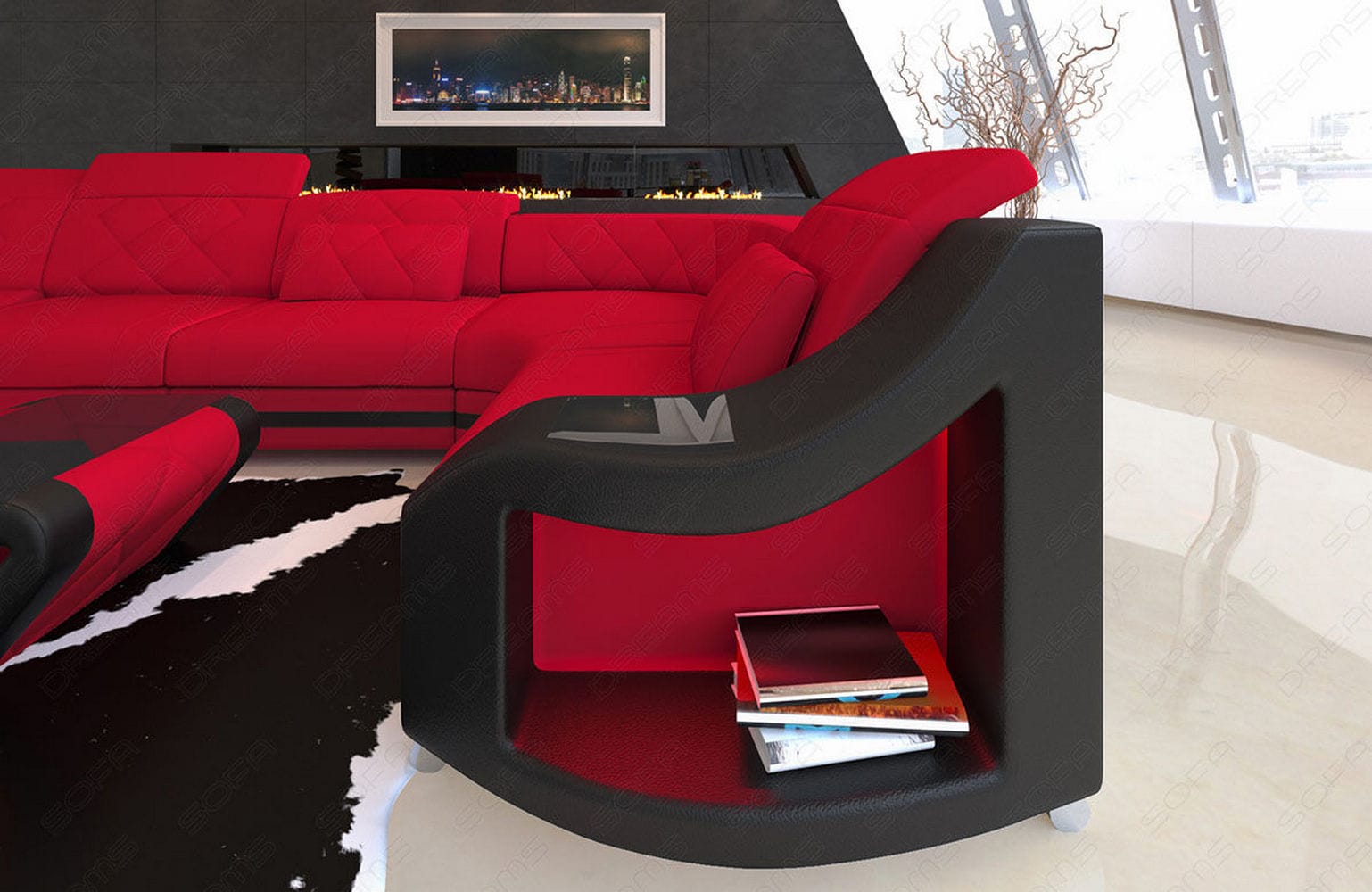 Couchlandschaft Swing U-Form in Stoff Rot-Schwarz