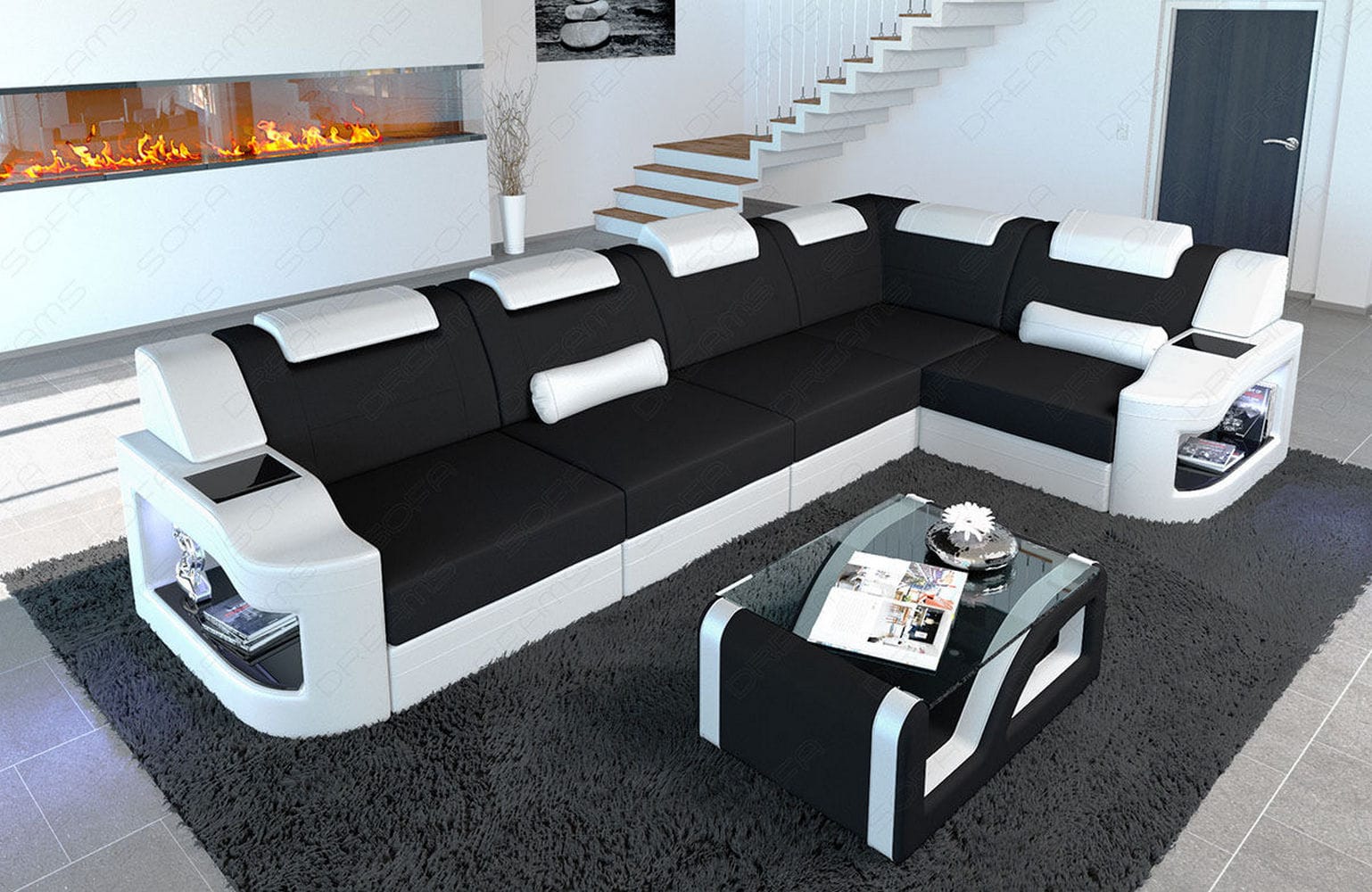 Stoff Ecksofa Padua L-Form Schwarz-Weiß
