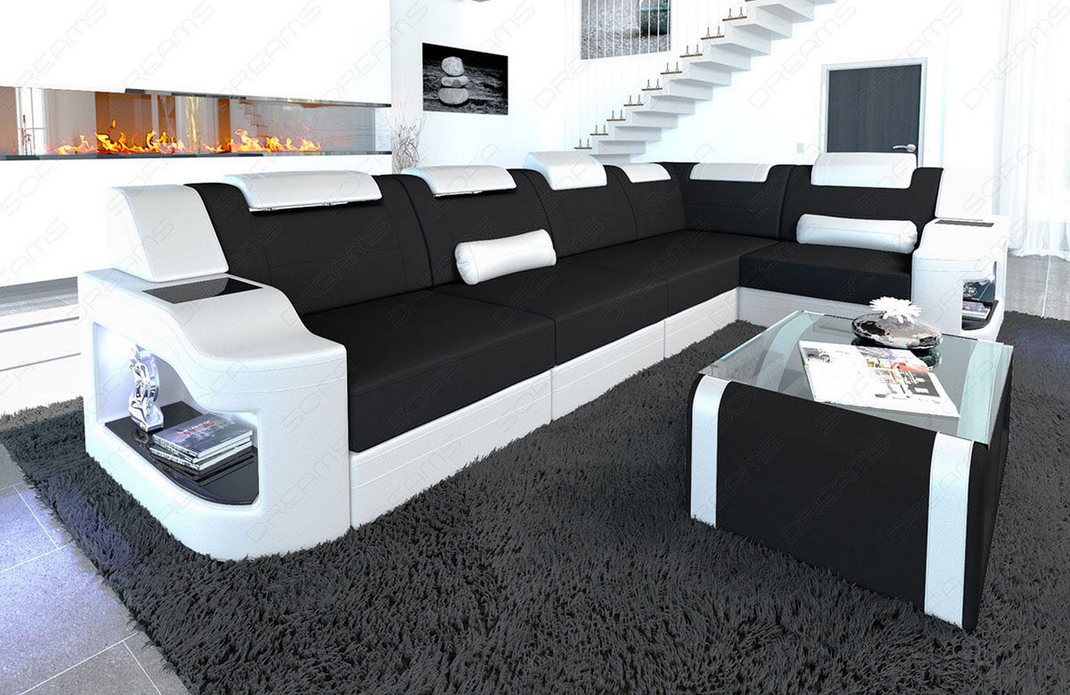 Stoff Ecksofa Padua L-Form Schwarz-Weiß
