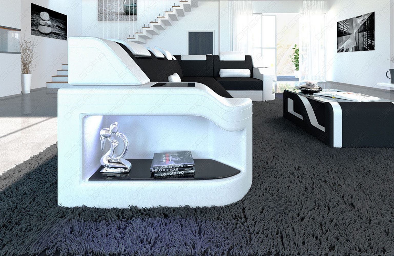 Stoff Ecksofa Padua L-Form Schwarz-Weiß