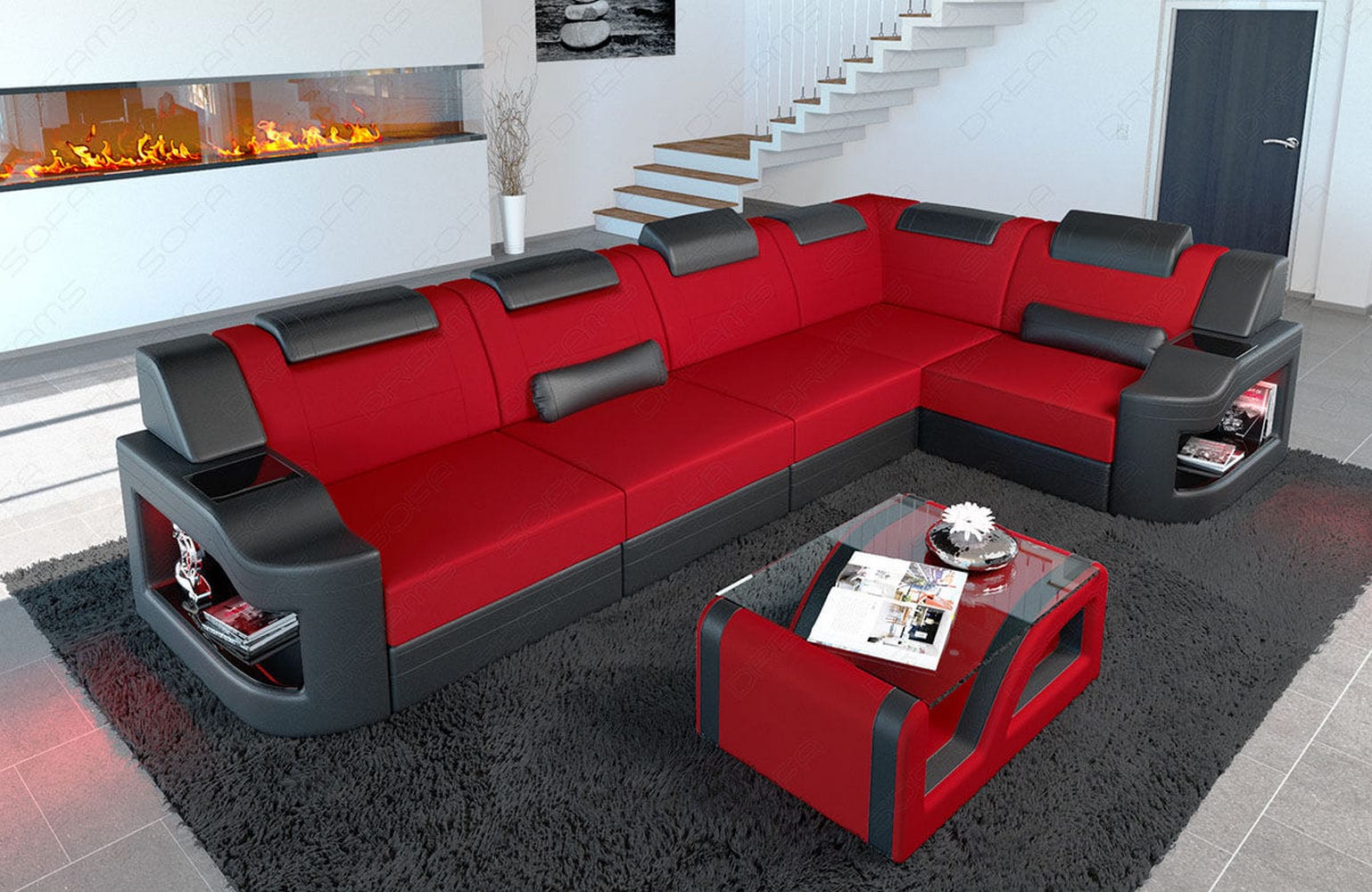 Stoff Ecksofa Padua L-Form Rot-Schwarz