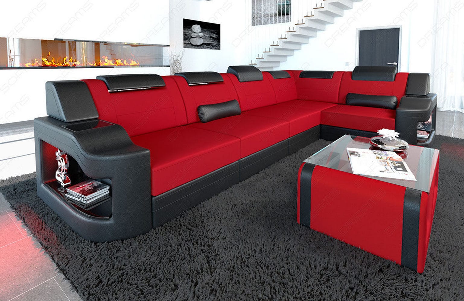 Stoff Ecksofa Padua L-Form Rot-Schwarz