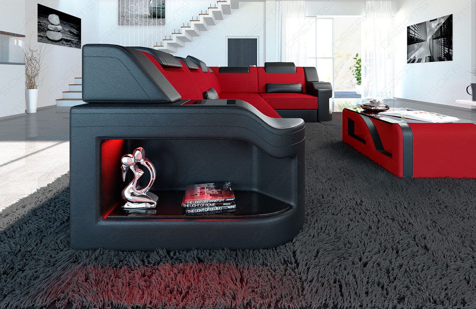 Stoff Ecksofa Padua L-Form Rot-Schwarz