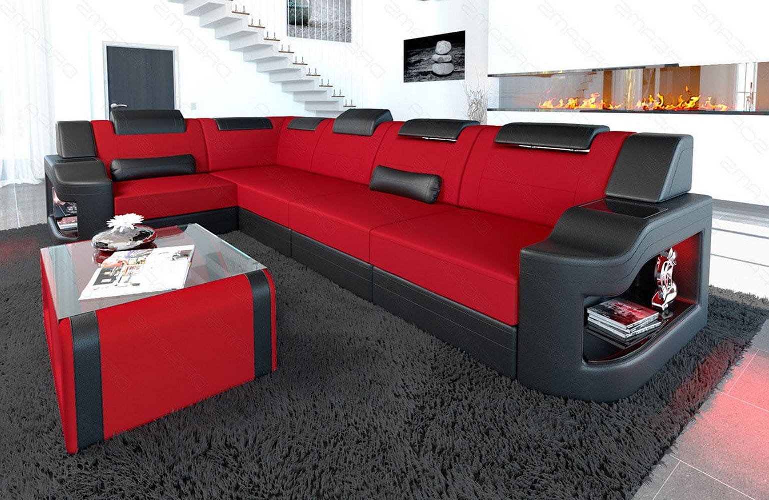 Stoff Ecksofa Padua L-Form Rot-Schwarz
