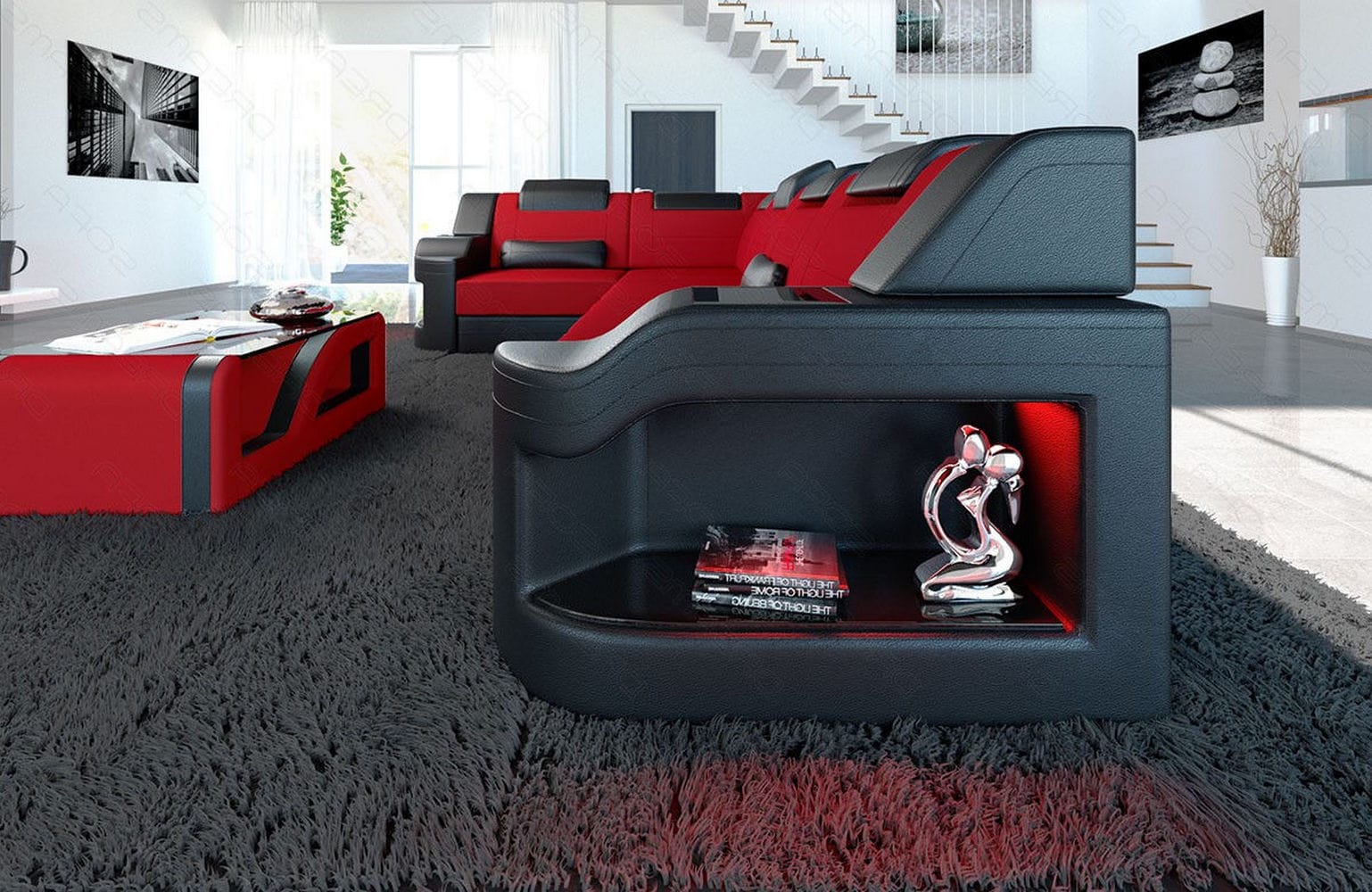 Stoff Ecksofa Padua L-Form Rot-Schwarz