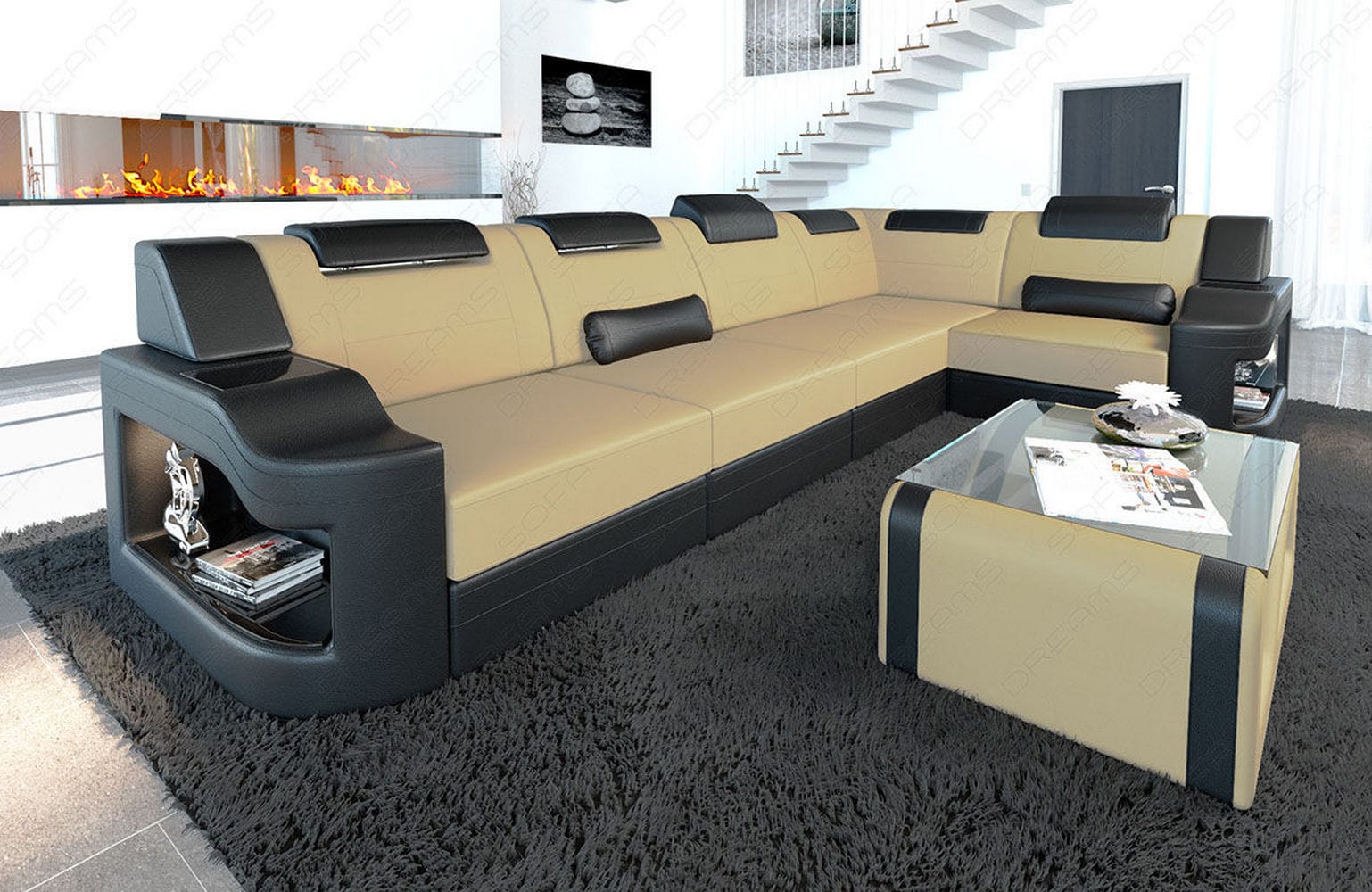 Stoff Ecksofa Padua L-Form Beige-Schwarz