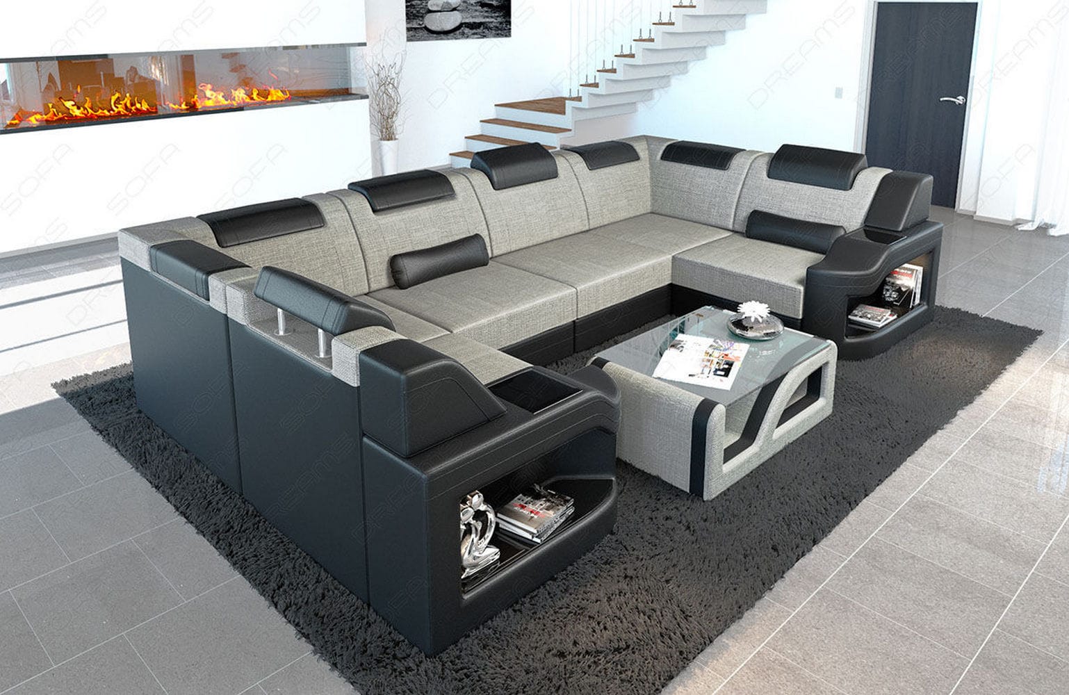 Couchlandschaft Padua U-Form in Stoff elfenbein-schwarz