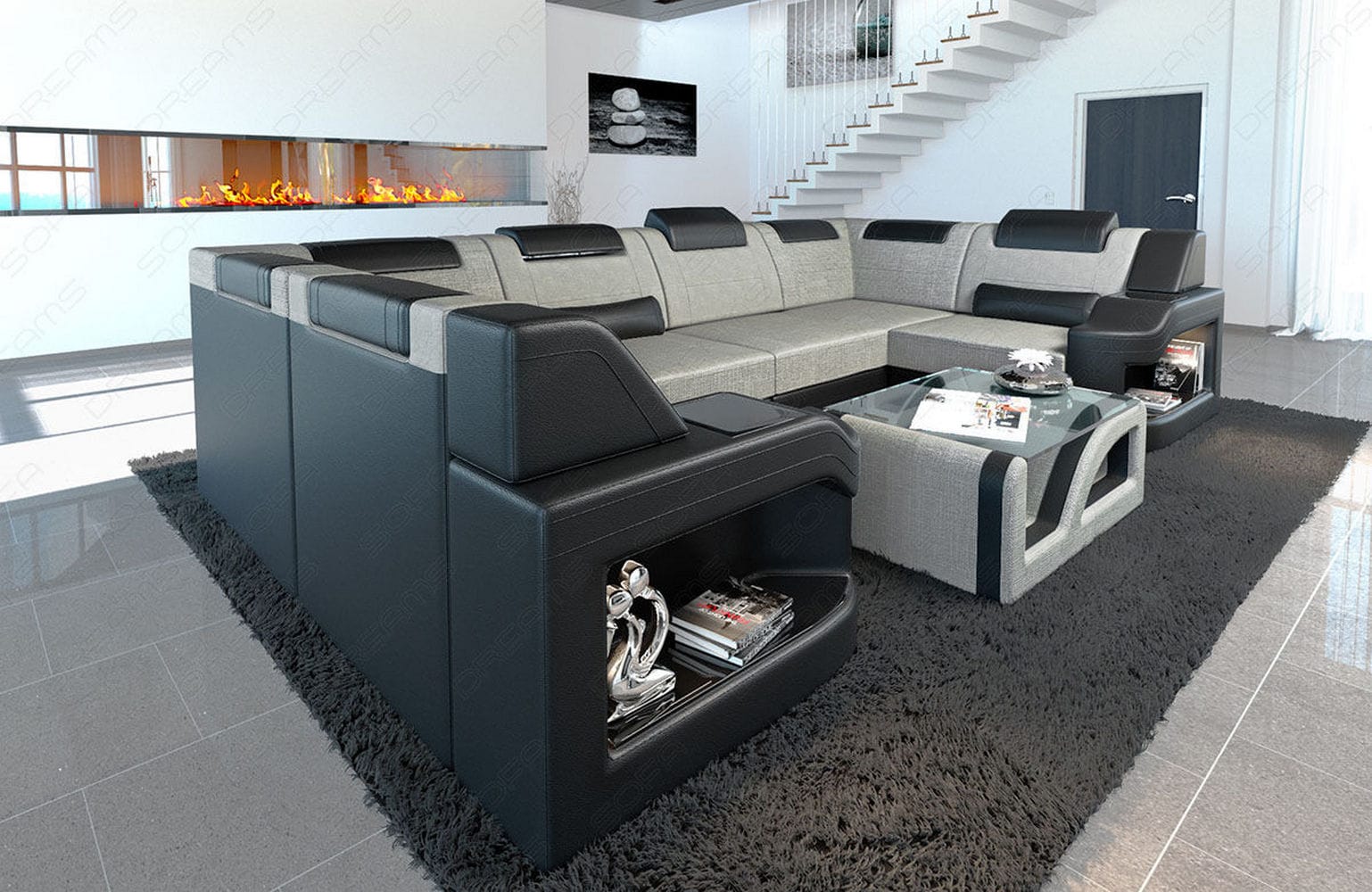 Couchlandschaft Padua U-Form in Stoff elfenbein-schwarz