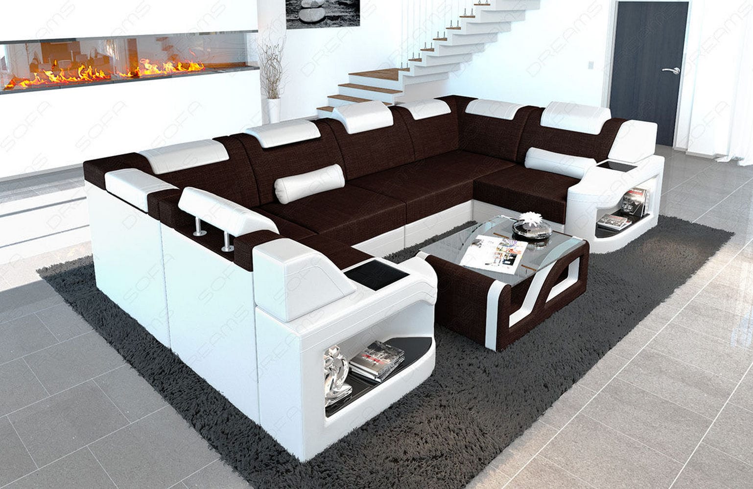 Couchlandschaft Padua U-Form in Stoff graubraun-weiß