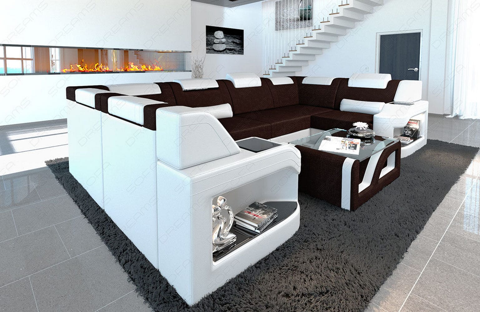 Couchlandschaft Padua U-Form in Stoff graubraun-weiß