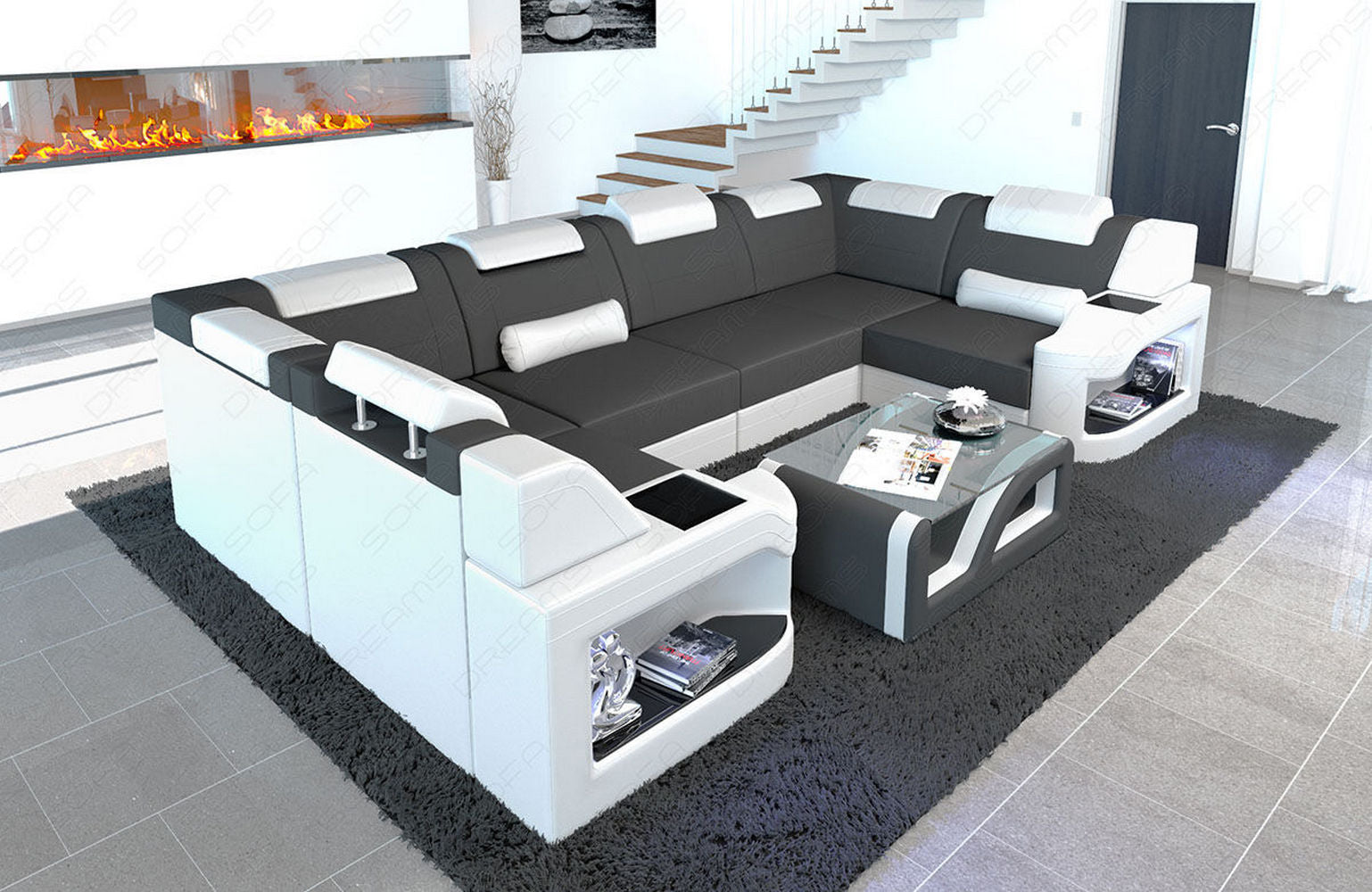 Stoff Wohnlandschaft Padua U – Bequem & Modern Dunkelgrau-Weiß