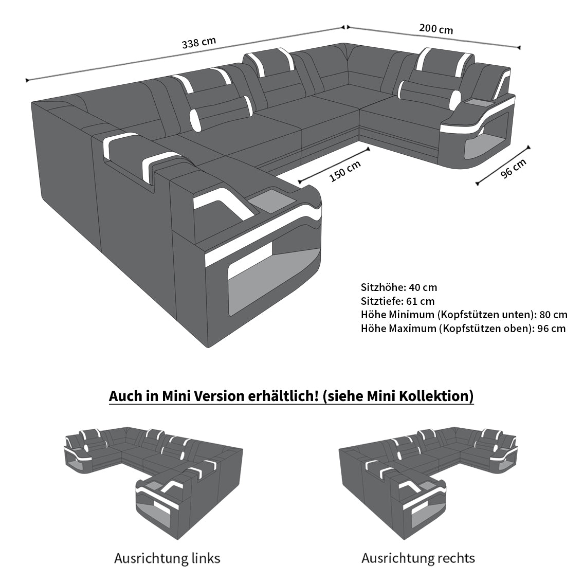 Stoff Wohnlandschaft Padua U – Bequem & Modern Dunkelgrau-Weiß