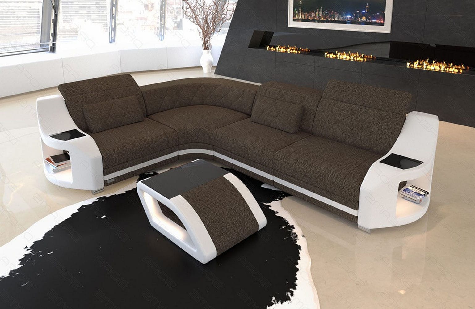 Stoff Ecksofa Genua L Form braun-weiß