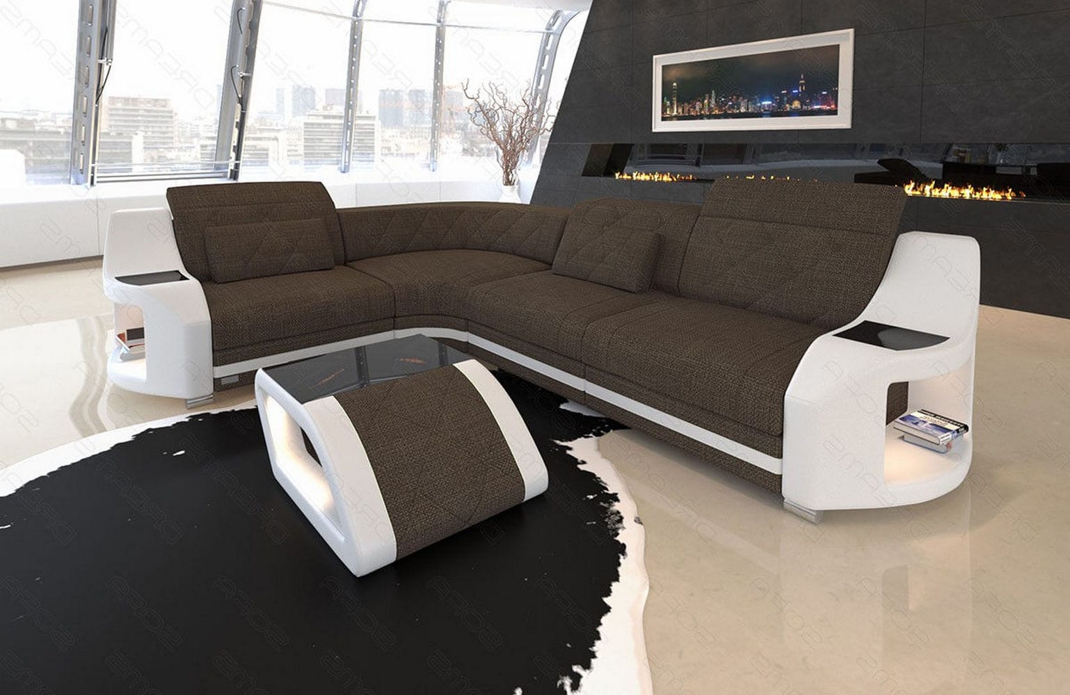 Stoff Ecksofa Genua L Form braun-weiß