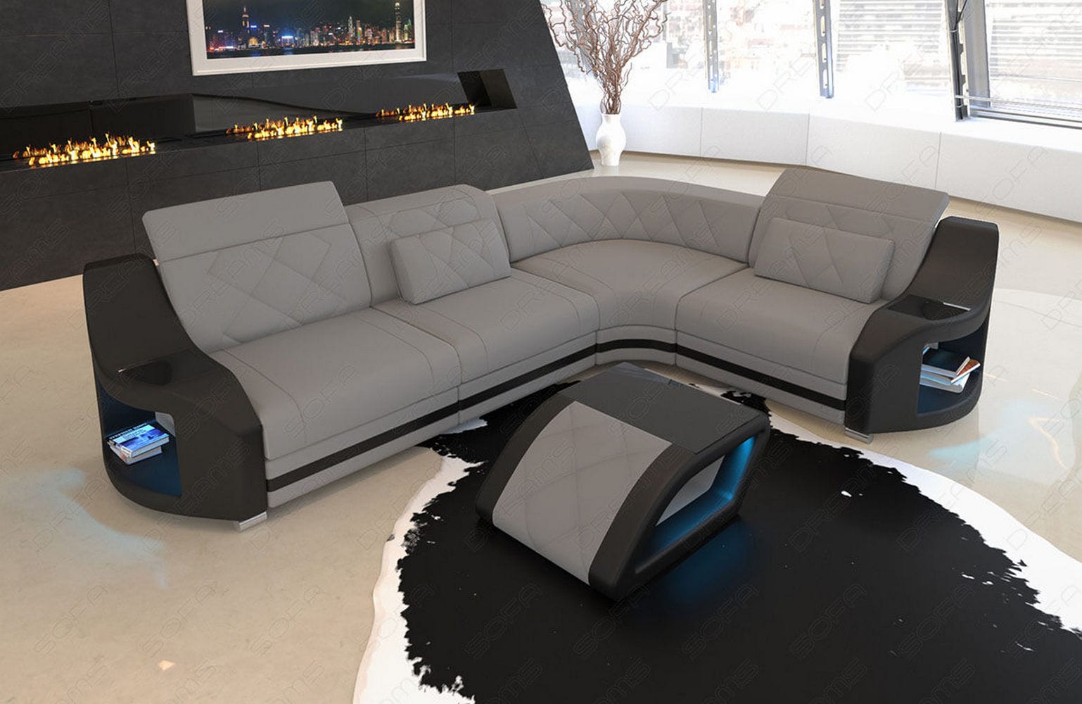 Stoff Ecksofa Genua L-Form Hellgrau-Schwarz