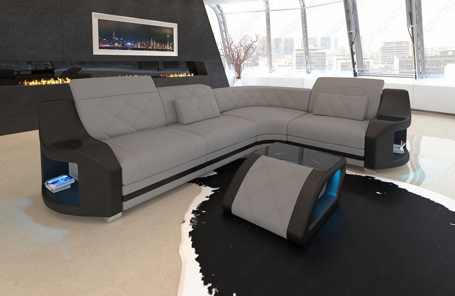 Stoff Ecksofa Genua L-Form Hellgrau-Schwarz