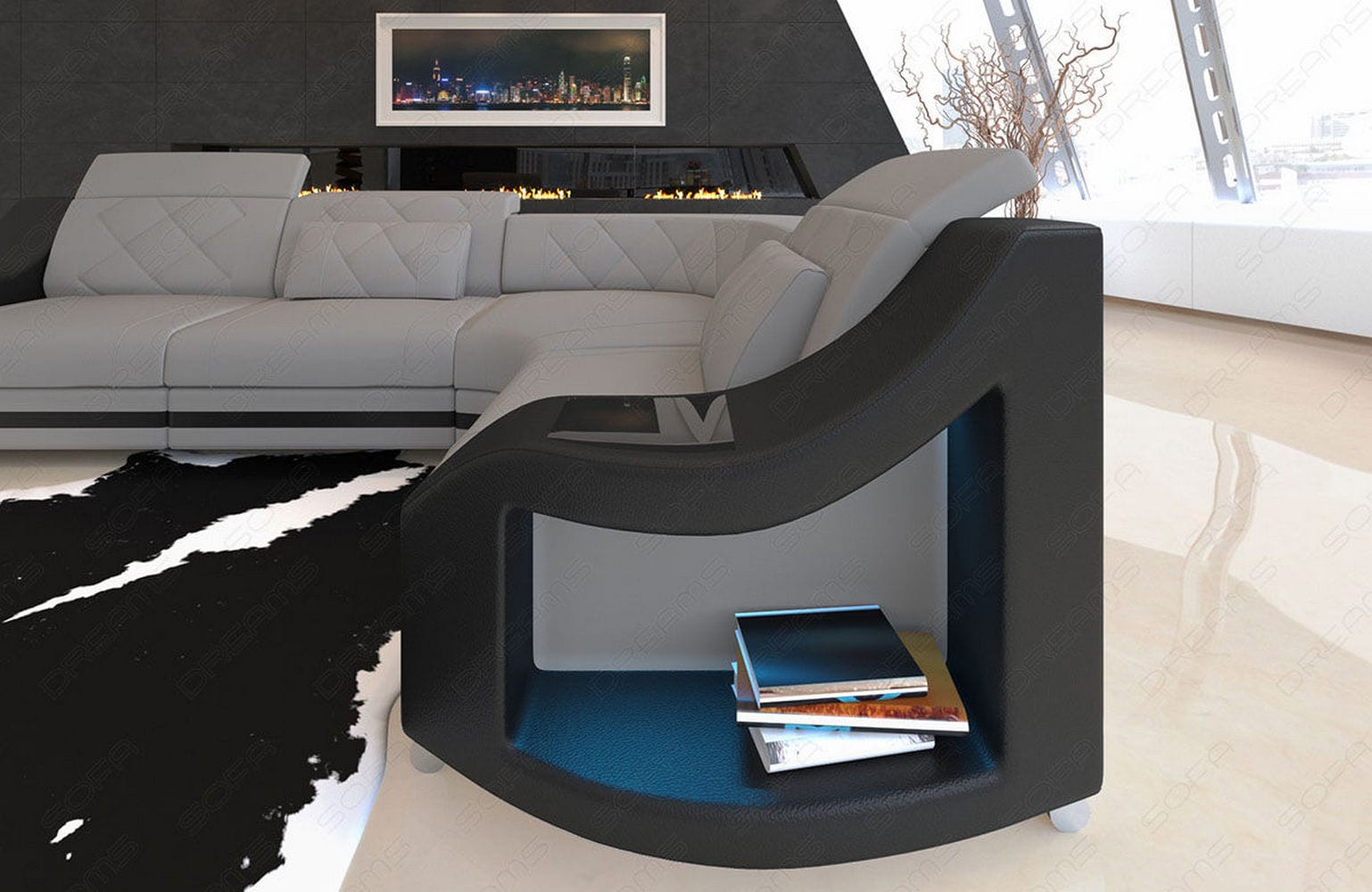Stoff Ecksofa Genua L-Form Hellgrau-Schwarz