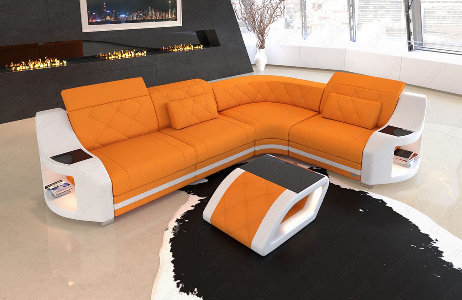Stoff Ecksofa Genua L-Form Apricot-Weiß