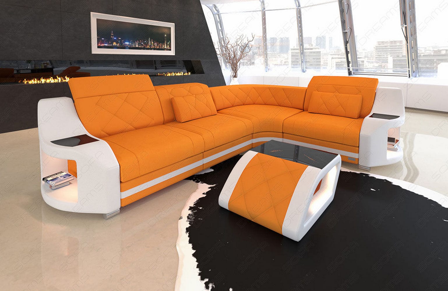 Stoff Ecksofa Genua L-Form Apricot-Weiß