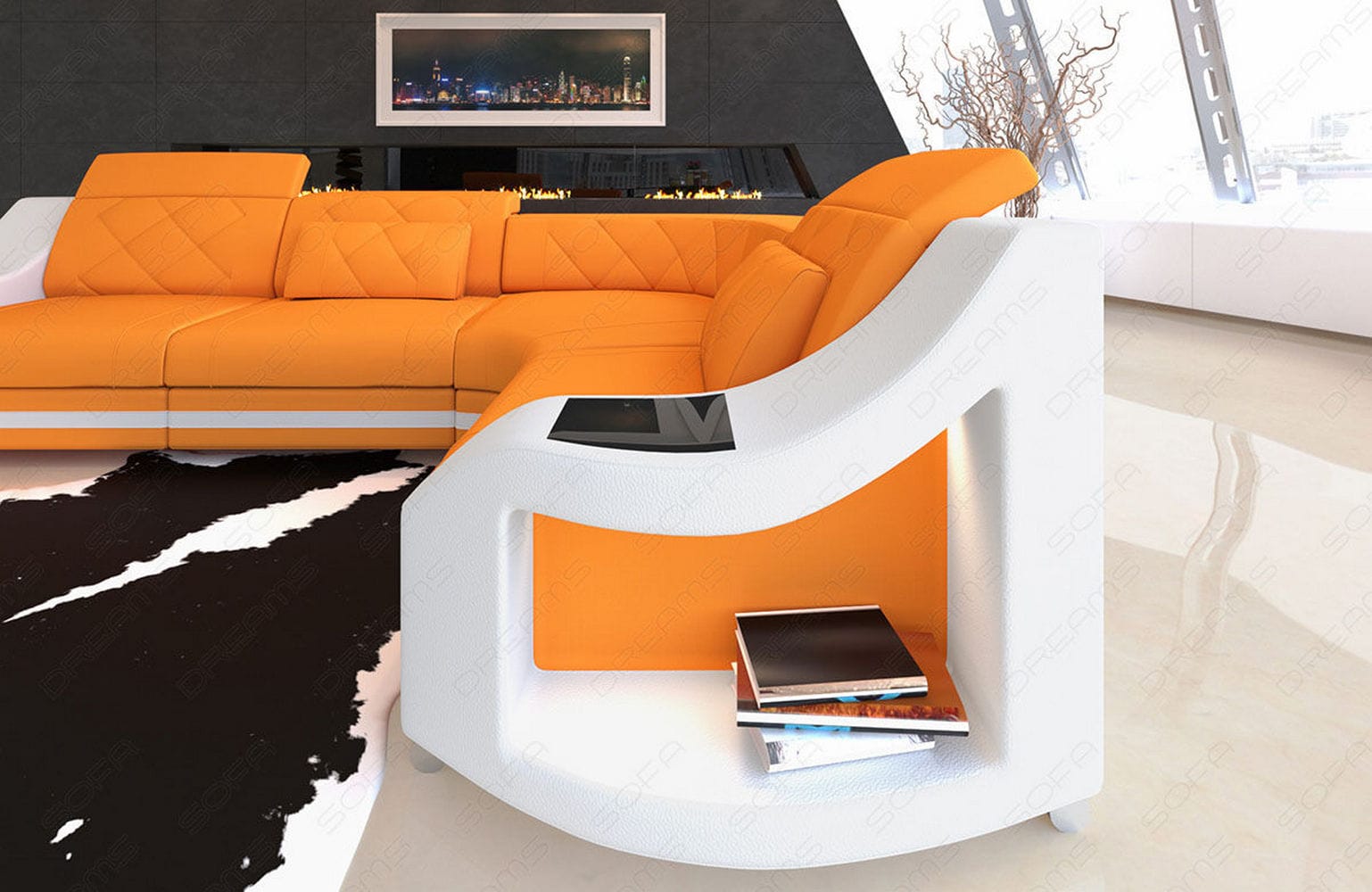 Stoff Ecksofa Genua L-Form Apricot-Weiß