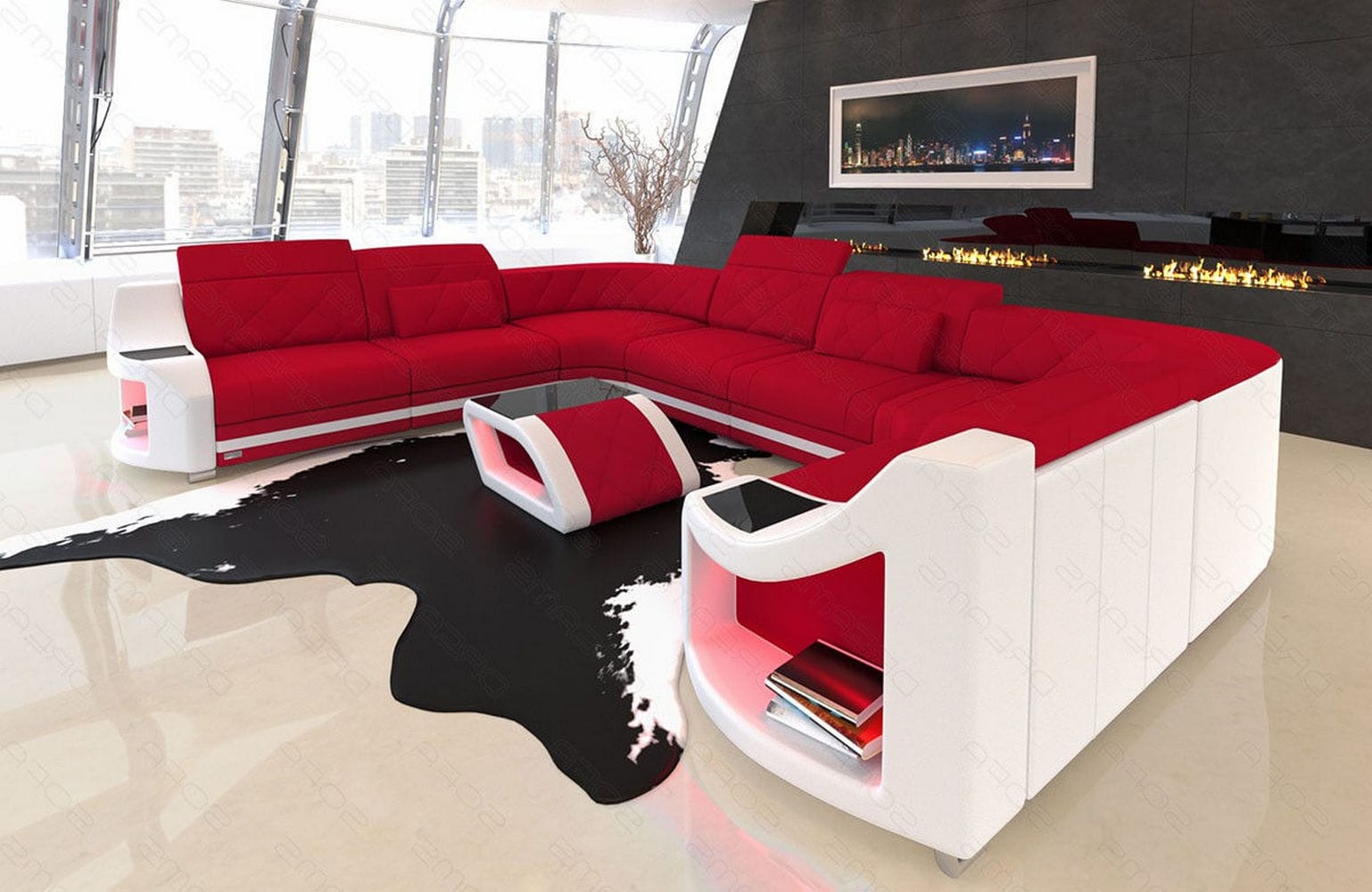 Couchlandschaft Genua U-Form in Stoff Rot-Weiß