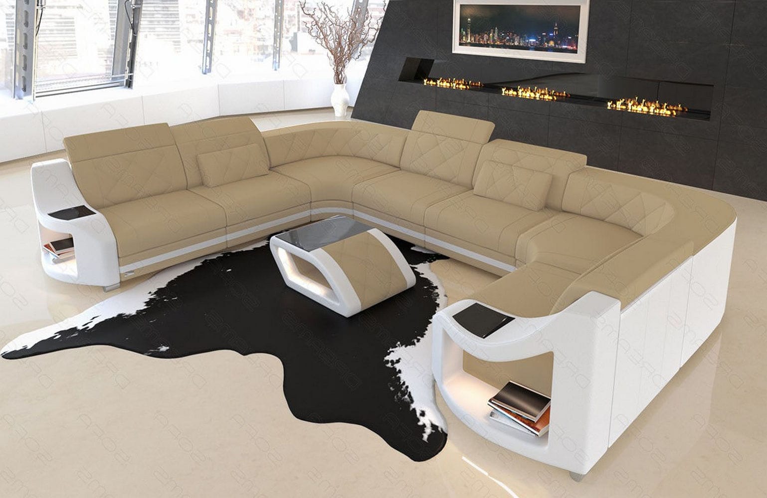 Couchlandschaft Genua U-Form in Stoff Beige-Weiß