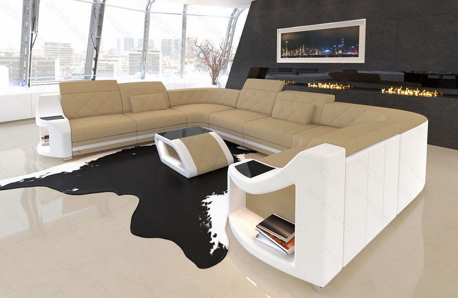 Couchlandschaft Genua U-Form in Stoff Beige-Weiß