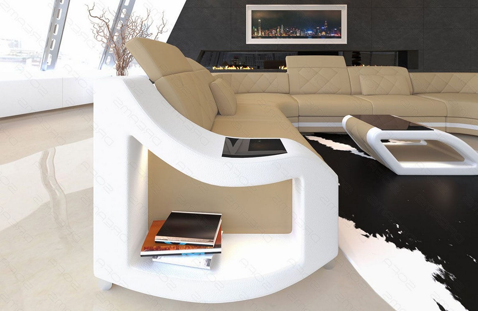 Couchlandschaft Genua U-Form in Stoff Beige-Weiß