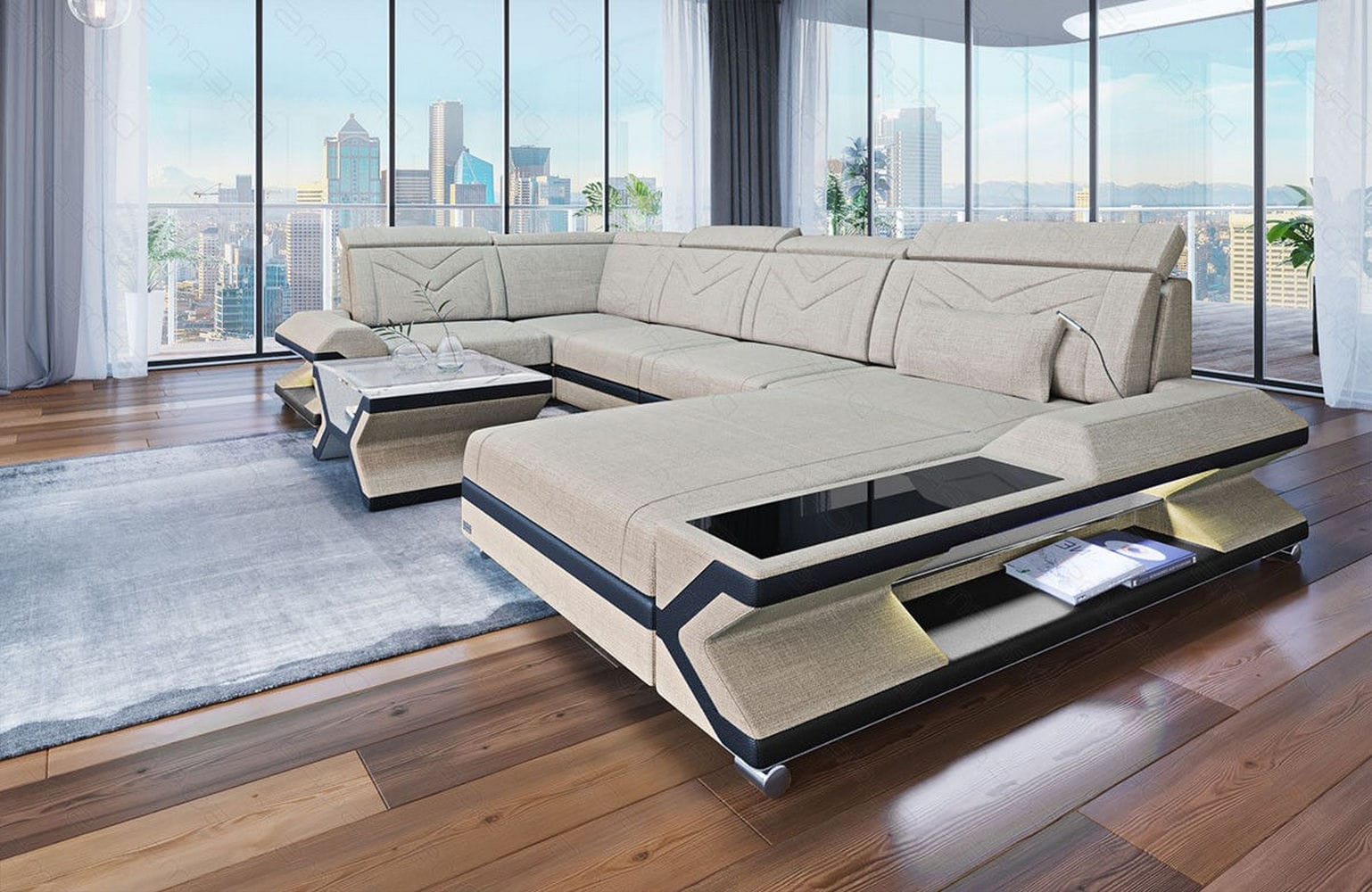Stoff Wohnlandschaft Napoli – Modern & Gemütlich Elfenbein-Schwarz