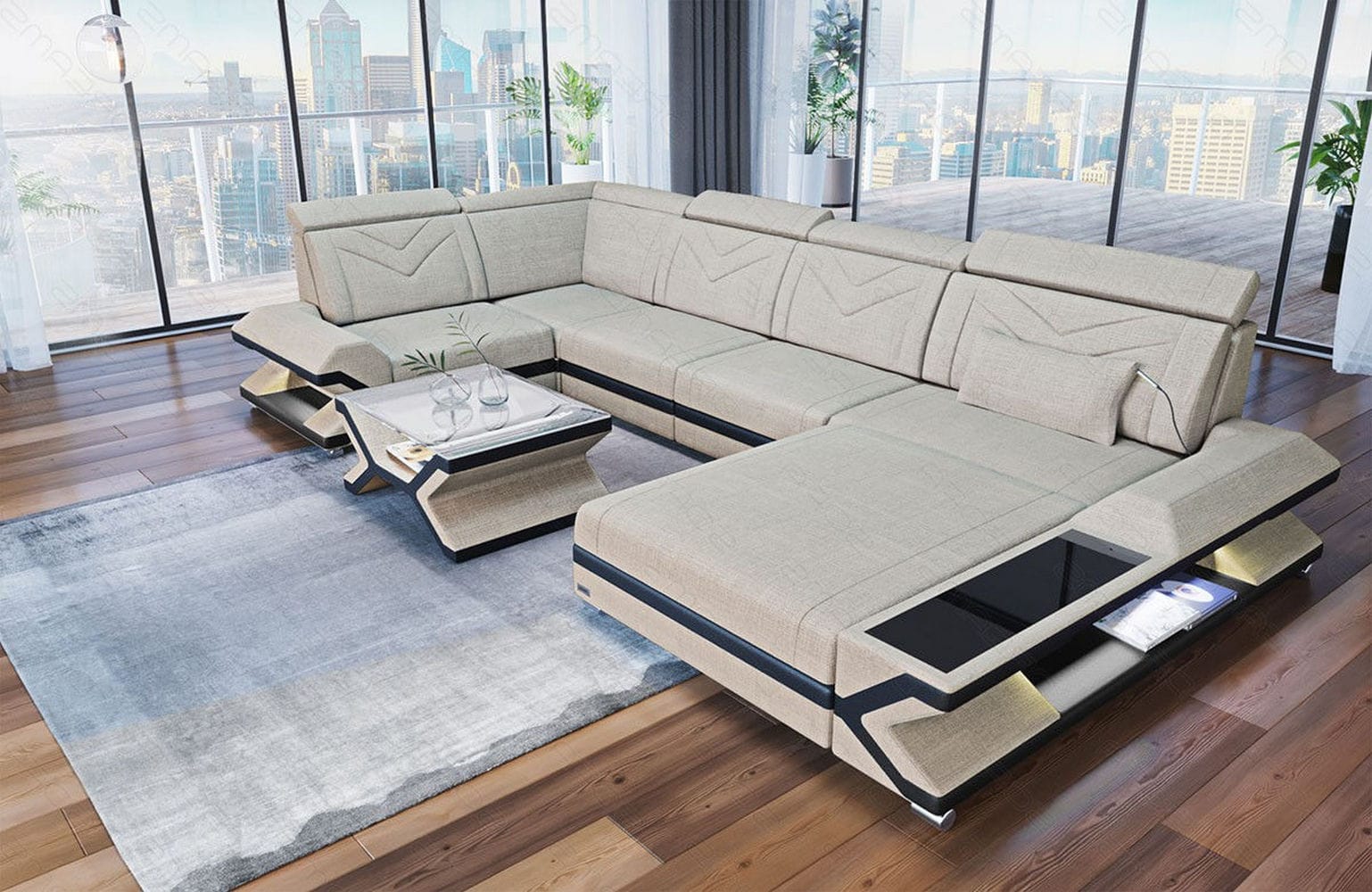 Stoff Wohnlandschaft Napoli – Modern & Gemütlich Elfenbein-Schwarz