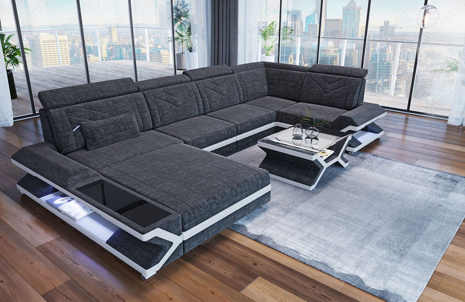 Stoff Wohnlandschaft Napoli – Modern & Gemütlich Schwarzgrau-Weiß