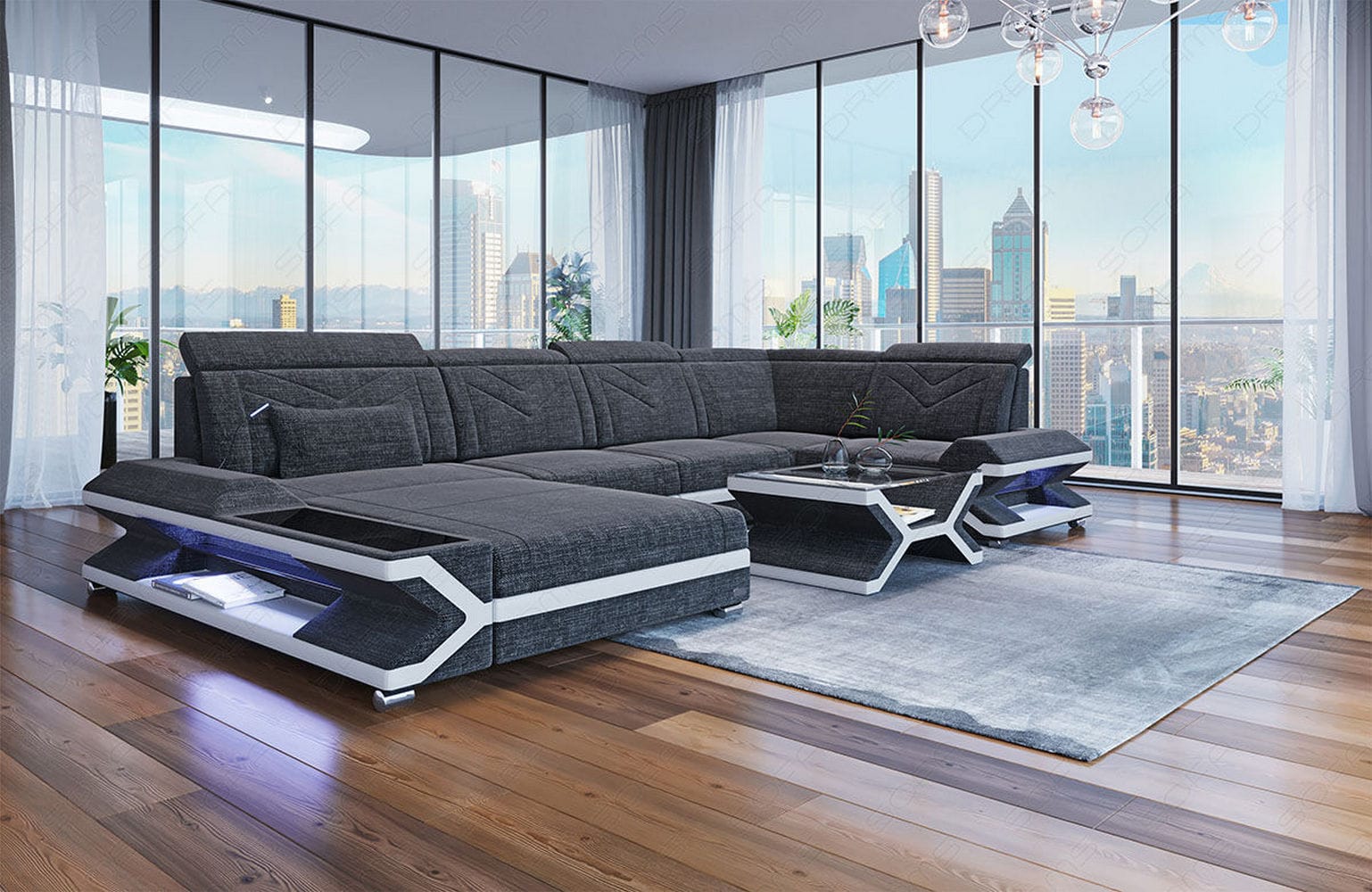 Stoff Wohnlandschaft Napoli – Modern & Gemütlich Schwarzgrau-Weiß