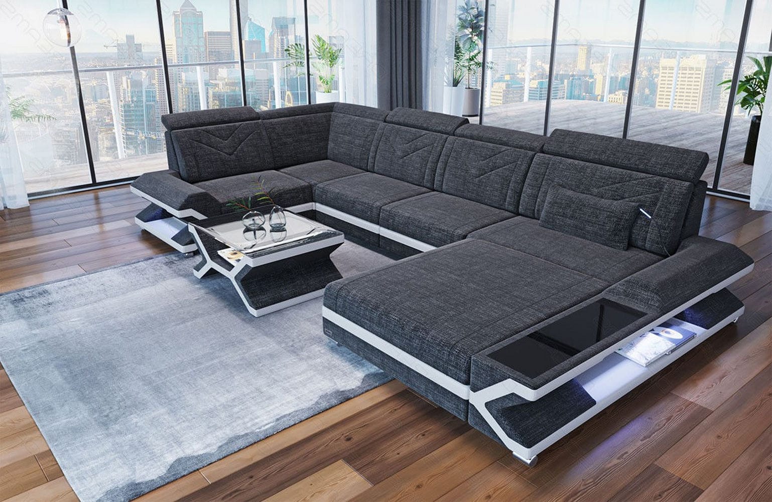 Stoff Wohnlandschaft Napoli – Modern & Gemütlich Schwarzgrau-Weiß