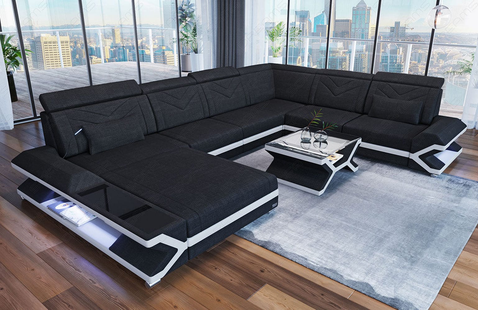 Stoff Wohnlandschaft Napoli XXL – Geräumig & Bequem Schwarz-Weiß