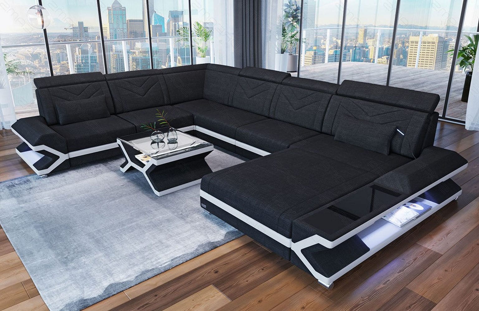 Stoff Wohnlandschaft Napoli XXL – Geräumig & Bequem Schwarz-Weiß